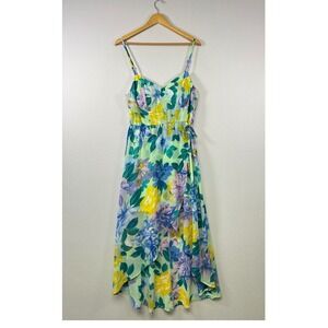 Lily Rose Floral High-Low Midi Dress Women XL Green Yellow Faux Wrap Summer